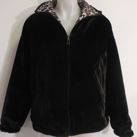 Womens Shag Boutique Black Faux Fur Jacket W/Leopard Lining L - Picture 2 of 9